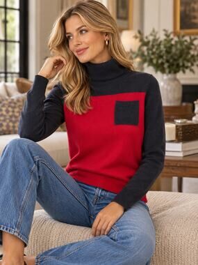 KIER + J Red Charcoal Merino Wool Turtleneck Sweater Medium Colorblock Preppy